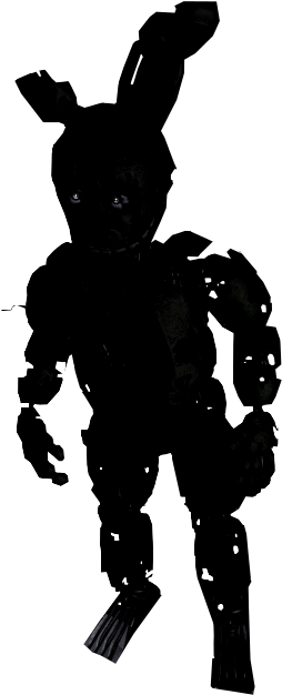 Springtrap 桌布 壁紙 — 一個像兔子的電子動畫的黑暗剪影，有著發光的眼睛和破損的尾巴，站在幾乎完全黑暗的環境中。