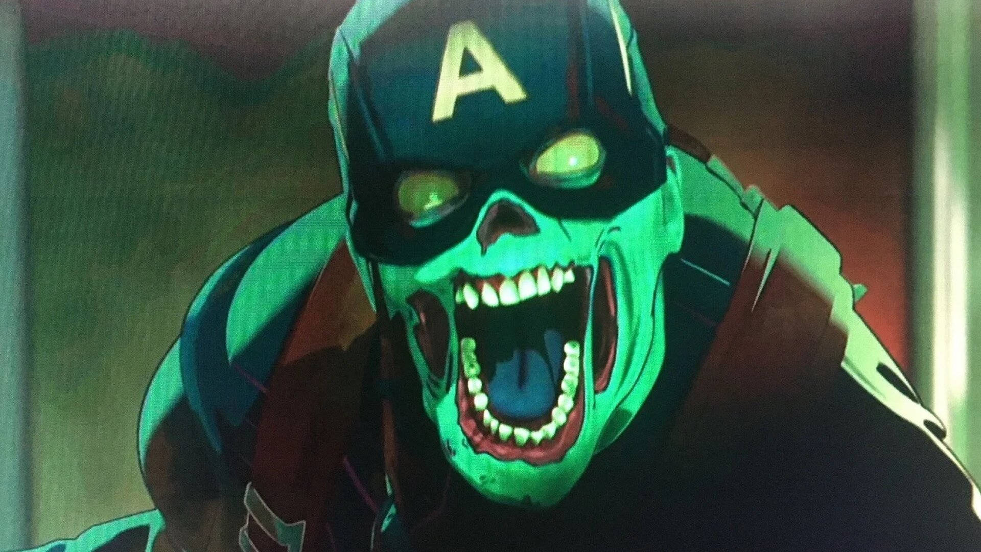 Marvel What If 桌布 壁紙 — 一個像殭屍的美國隊長，眼睛和牙齒發出綠色光芒，在威脅性的特寫中露出尖牙。