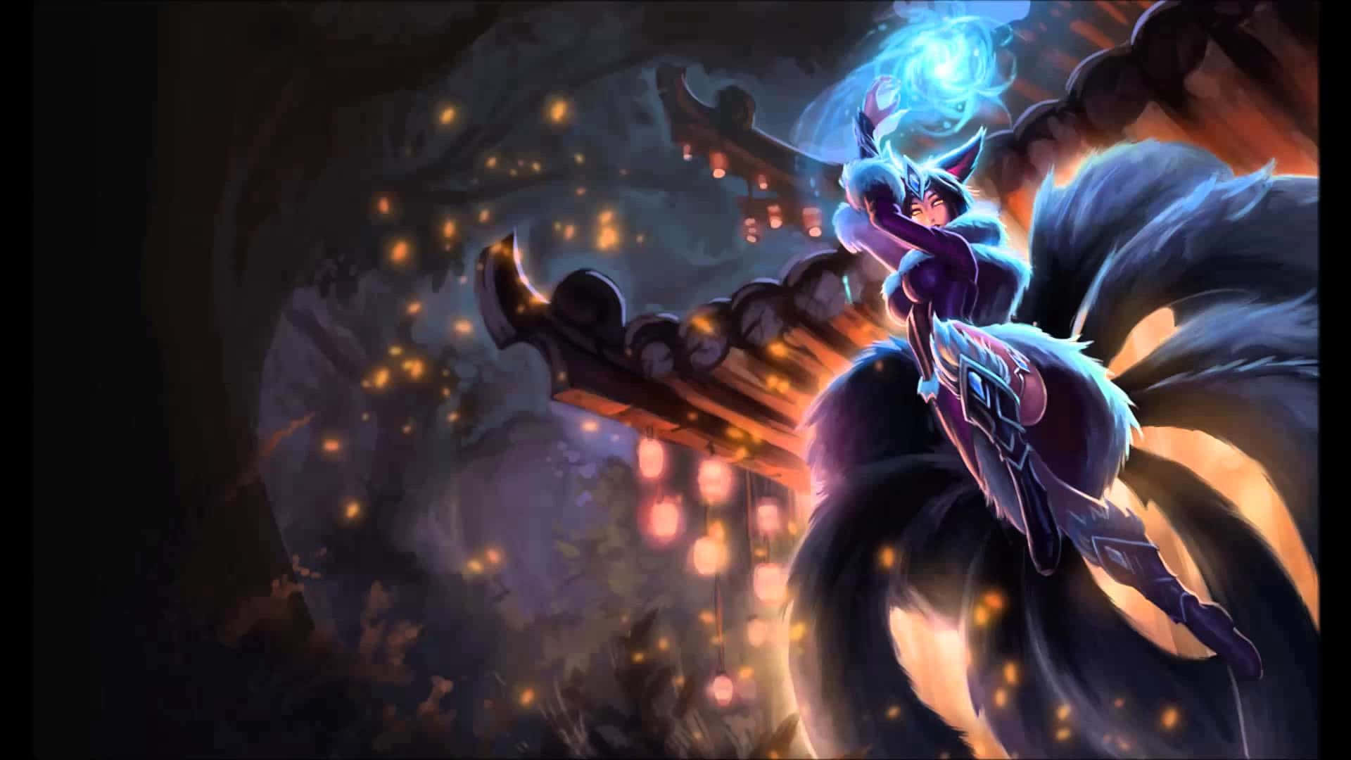 Best League Of Legends 桌布 壁紙 — 一個像狐狸的動漫戰士，有九條尾巴，在夜晚的神秘森林中，在漂浮的燈籠之間引導發光的藍色魔法。