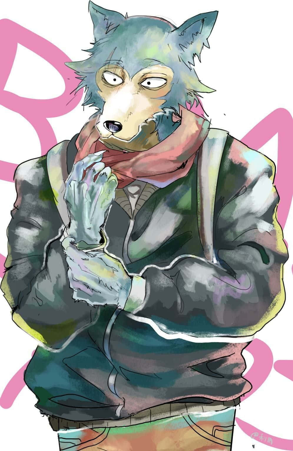 獸星 桌布 壁紙 — 一個像狼的動漫角色，有大眼睛和圍巾，站在色彩繽紛、風格化的插圖中。