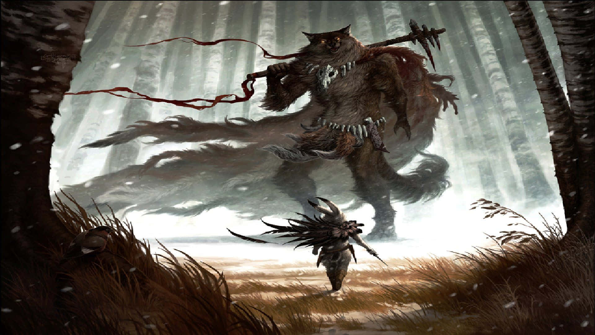 Warrior HD 桌布 壁紙 — 一個像狼的怪物，手持帶刺的棍棒，在雪地森林的空地上籠罩著一個孤獨的戰士。