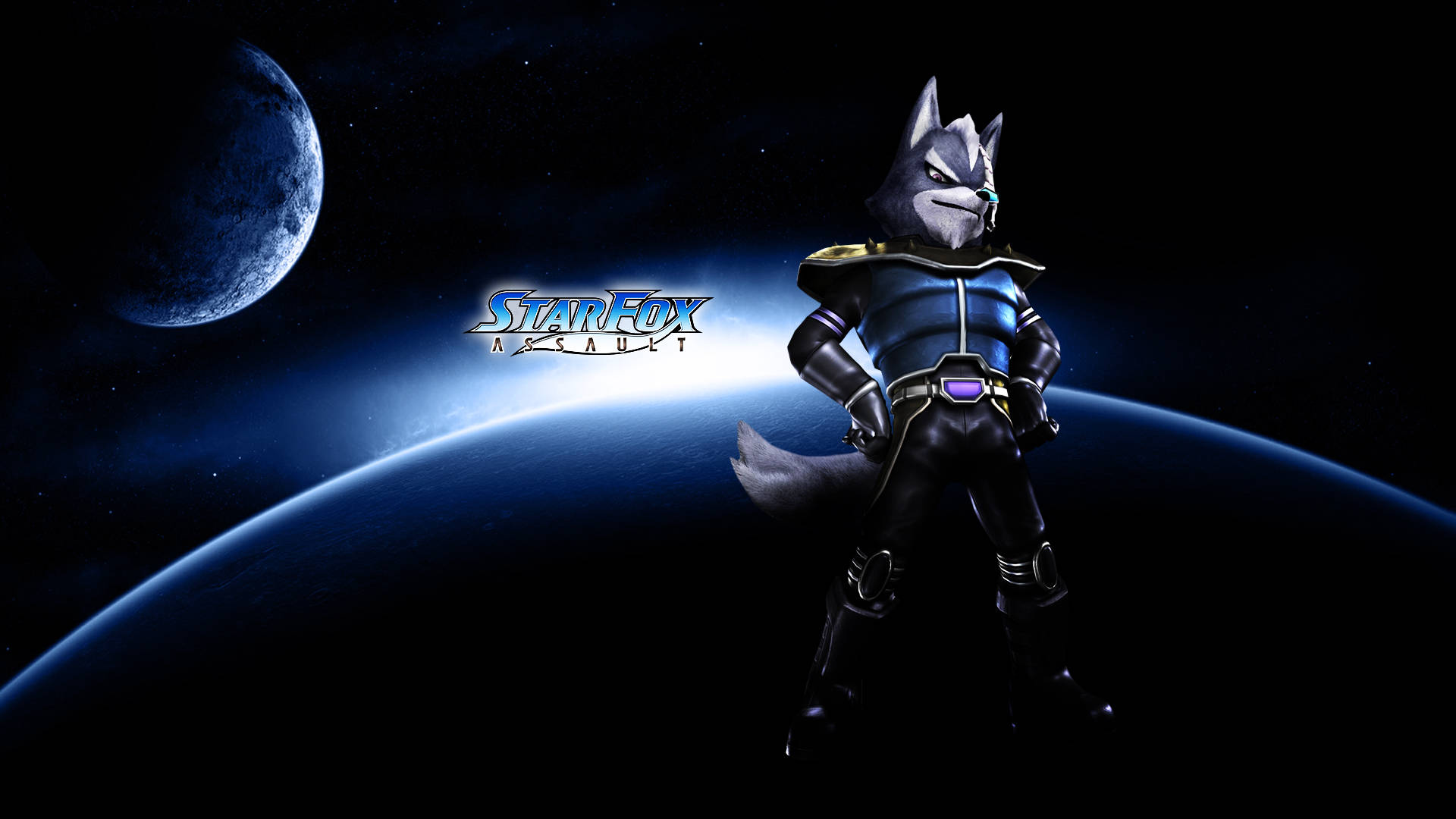Star Fox 桌布 壁紙 — 一個像狼的戰士穿著未來裝甲，自信地站在一個發光行星和月球的宇宙背景下。