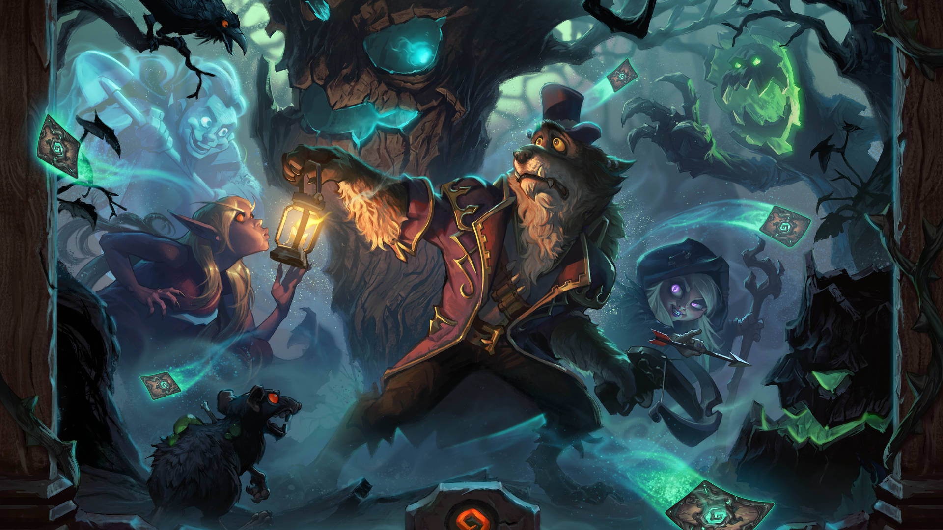 遊戲 桌布 壁紙 — 一個像獅子的巫師戴著高帽，在黑暗魔法森林中漂浮的卡牌和幽靈生物之間施展發光的咒語。