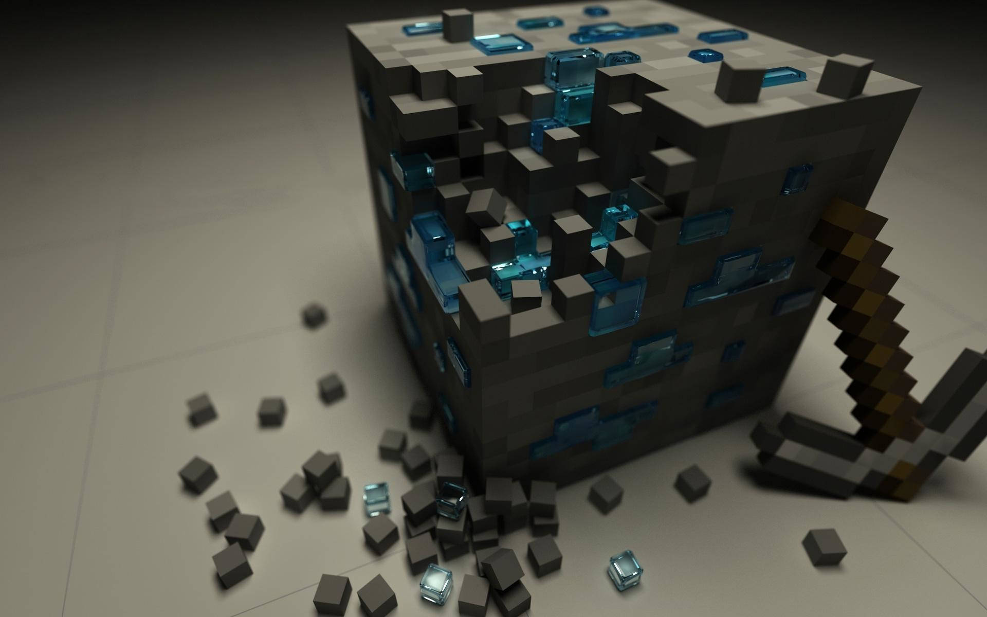 碎裂的Minecraft方塊，帶有玻璃碎片和鎬，在瓷磚地板上