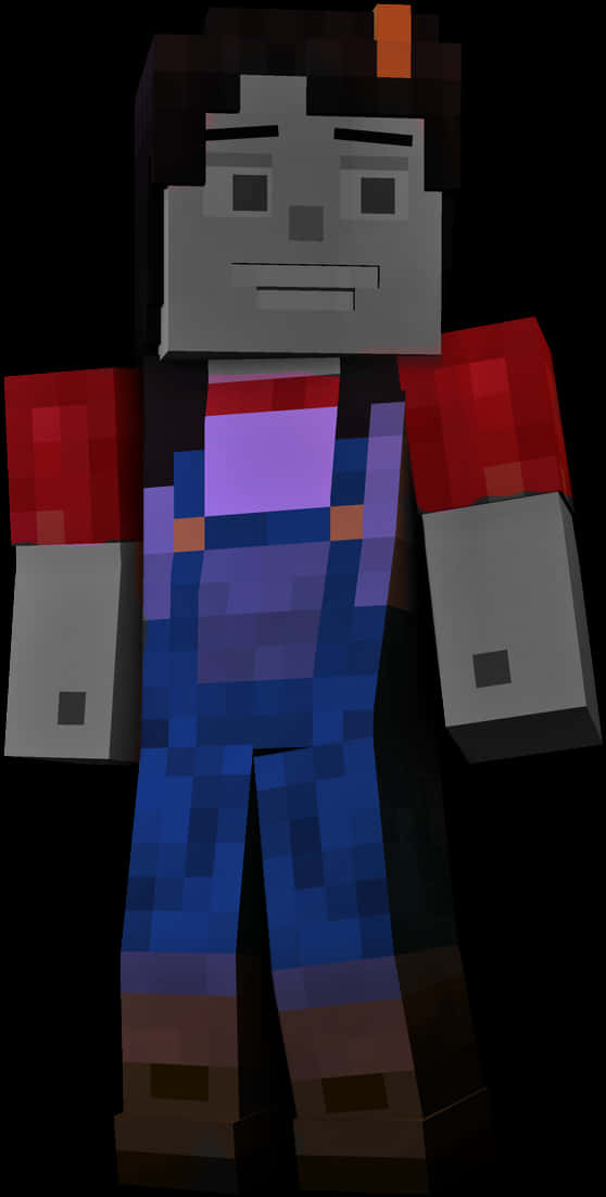 Minecraft Character 桌布 壁紙 — 一個像素化Minecraft風格角色，灰色臉孔、紅色袖子、藍色工裝褲和棕色靴子，站在黑色背景前。