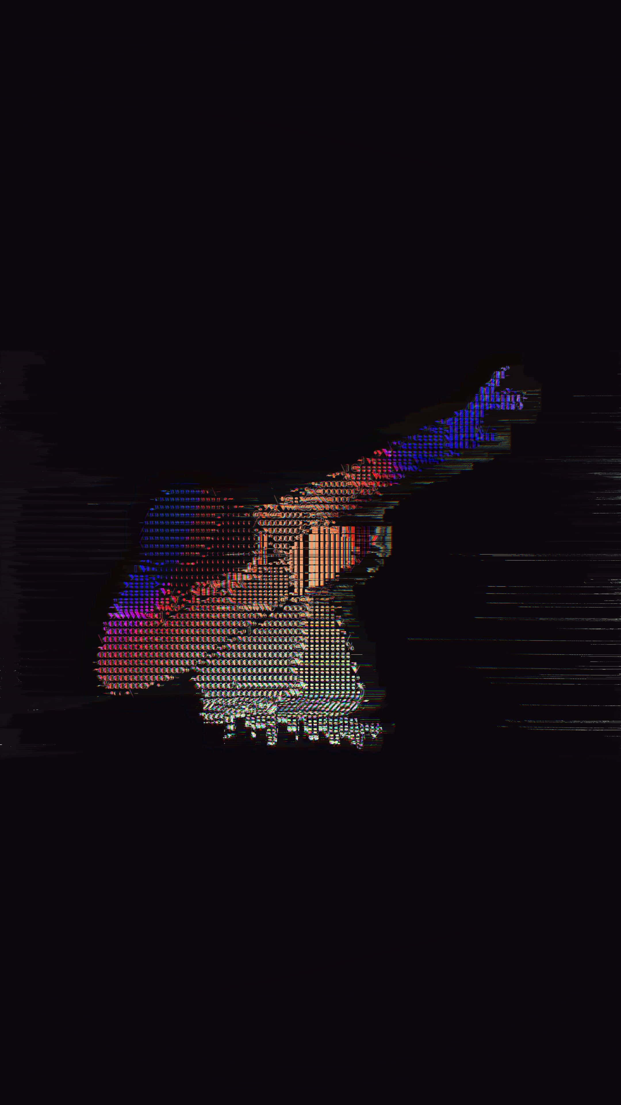 glitch art 桌布 壁紙 — 一個像素化吉他剪影在黑色背景上發出彩虹色光芒。