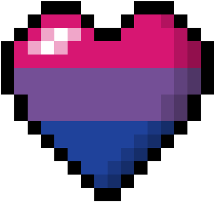 Bisexual 桌布 壁紙 — 一個像素化心形，形狀像雙性戀旗幟，帶有粉紅色、紫色和藍色水平條紋，背景為黑色。