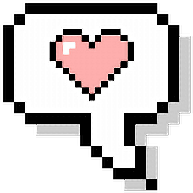 Cute Pixel 桌布 壁紙 — 一個像素化心形圖標，位於白色對話氣泡內，帶有黑色輪廓和灰色莖，背景為黑色。