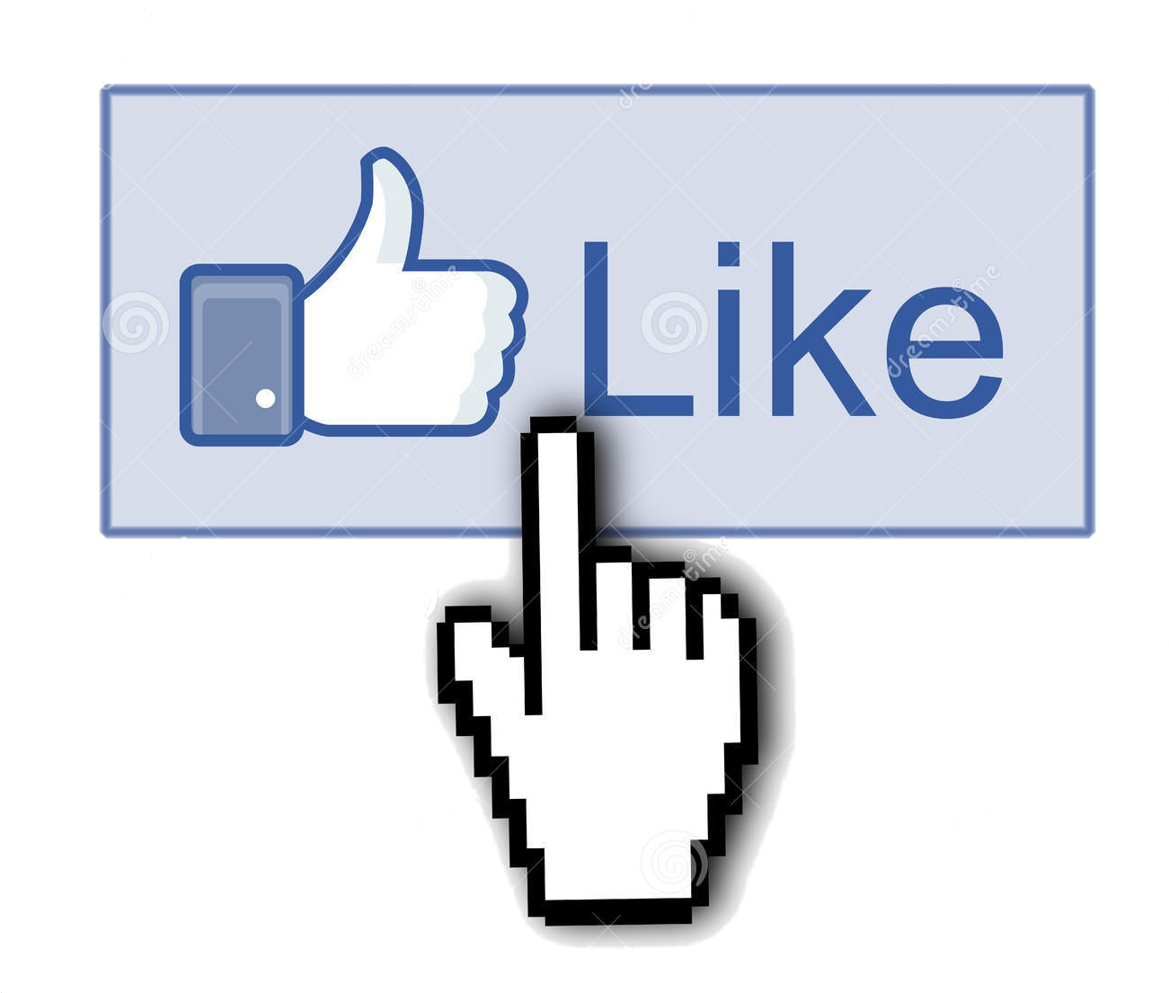 Facebook 桌布 壁紙 — 一個像素化手形游標在黑色背景上點擊帶有豎起大拇指圖示的藍色「讚好」按鈕。