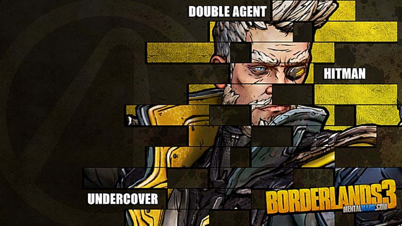 1366x768 Borderlands 3 桌布 壁紙 — 一個像素化漫畫風格角色，灰色頭髮和黃色眼睛，標記為雙重間諜殺手臥底在邊緣禁地3中。