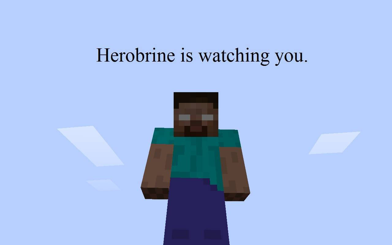 電玩遊戲 桌布 壁紙 — 一個像素化的 Herobrine 人物，身穿青綠色襯衫和紫色褲子，站在淺藍色天空背景下，有漂浮的白色方塊和文字寫著「Herobrine 正在看著你。」