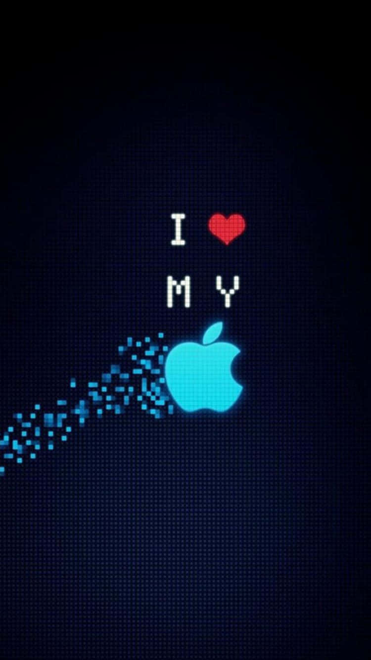 HD Apple 桌布 壁紙 — 一個像素化的「I ❤️ MY」訊息，帶有發光的藍色Apple標誌，在深藍色網格背景上留下數位粒子。