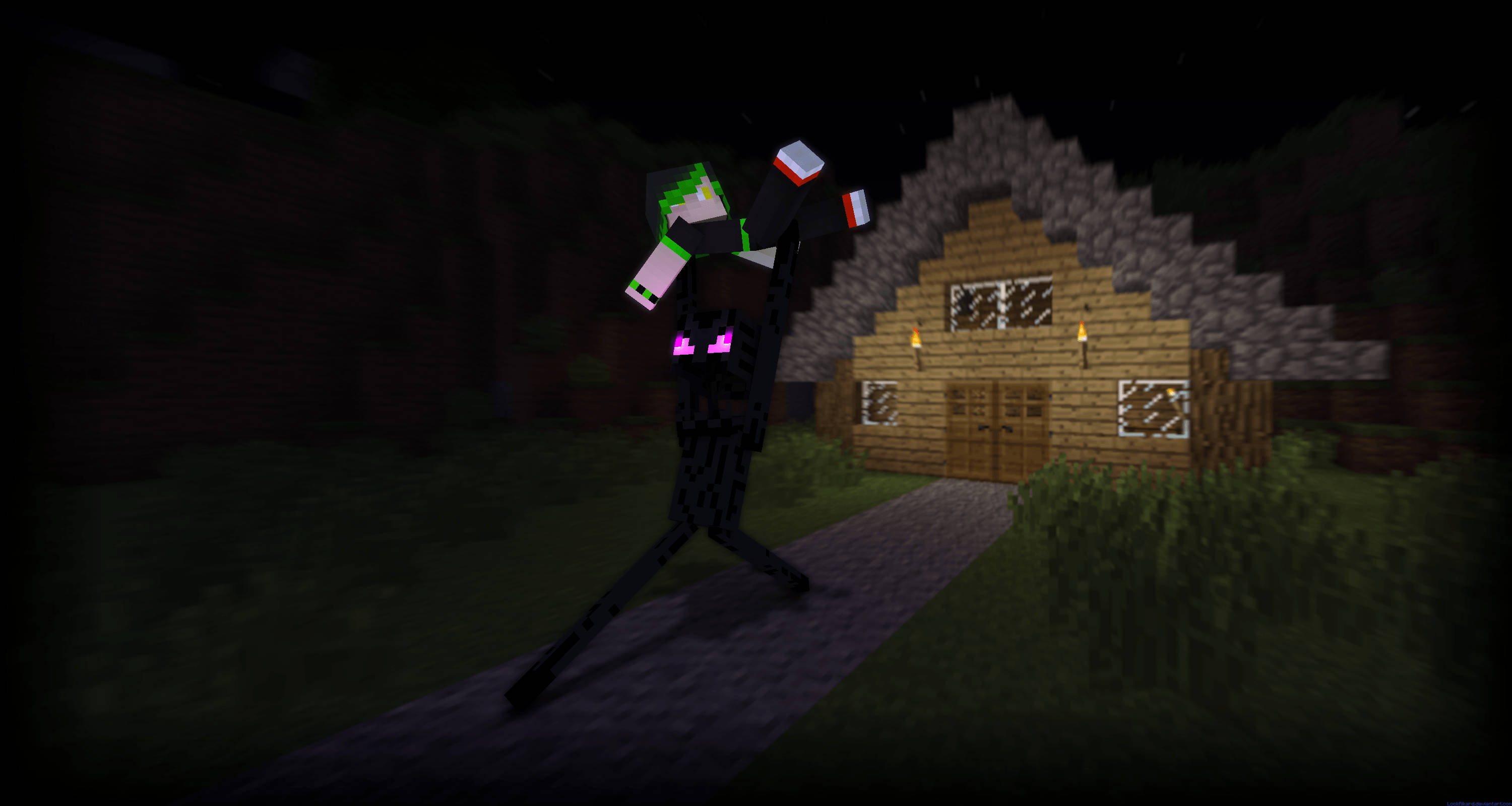 Enderman 桌布 壁紙 — 一個像素化的 Minecraft 苦力怕在夜晚的木屋前跳舞，眼睛發光，屋內點著蠟燭。