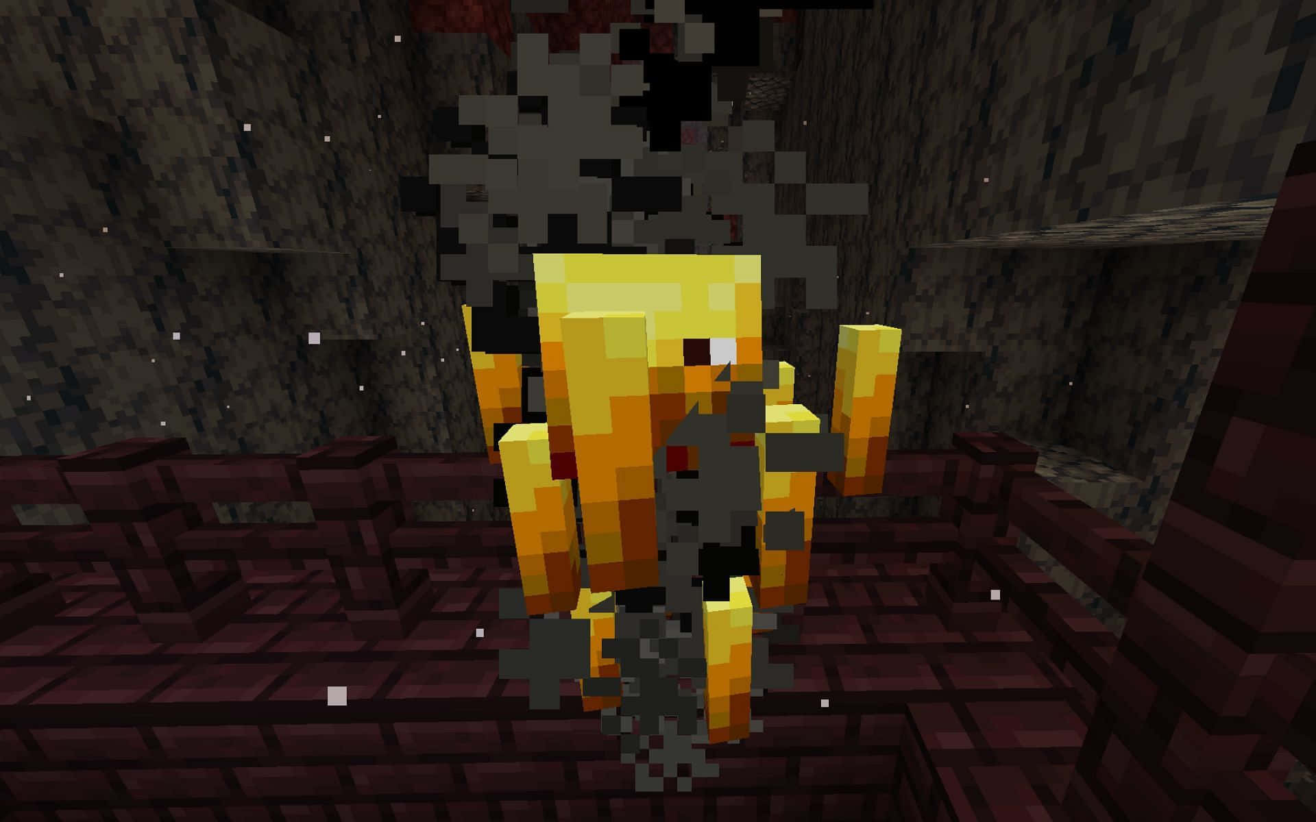 Minecraft Blaze Farming 桌布 壁紙 — 一個像素化的 Minecraft 爬行者在黑暗的地下洞穴中爆炸，周圍有紅石方塊和煙霧粒子。