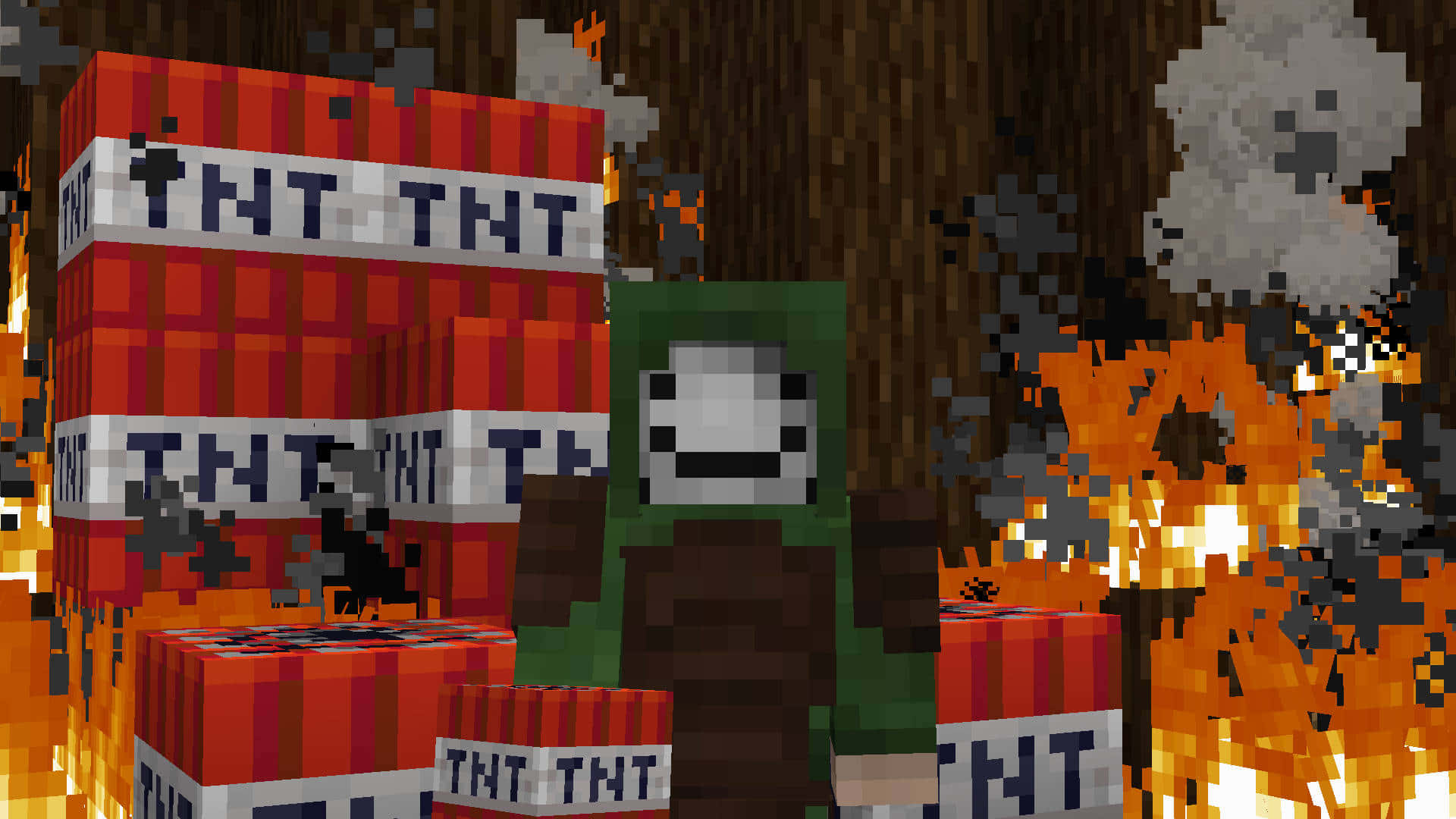 我的世界 TNT 桌布 壁紙 — 一個像素化的 Minecraft 爬行者站在森林中爆炸的 TNT 方塊之間，伴隨著橙色的火焰和煙霧。