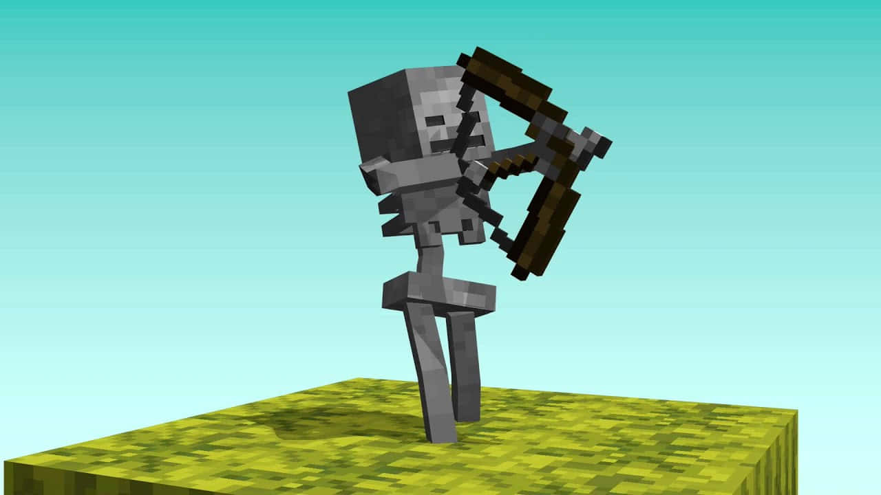 Minecraft Skeleton 桌布 壁紙 — 一個像素化的 Minecraft 骷髏站在草方塊上，手持弓箭，背景是漸變天空。
