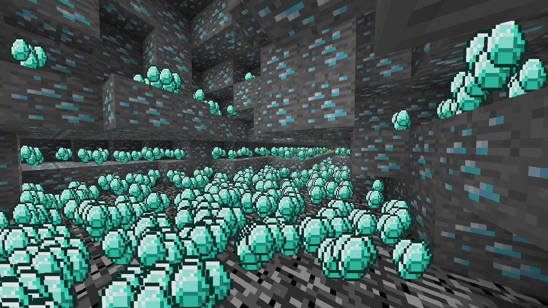 我的世界 鑽石 桌布 壁紙 — 一個像素化的 Minecraft 洞穴，充滿了嵌入在黑暗石牆和地板中的發光青綠色鑽石。