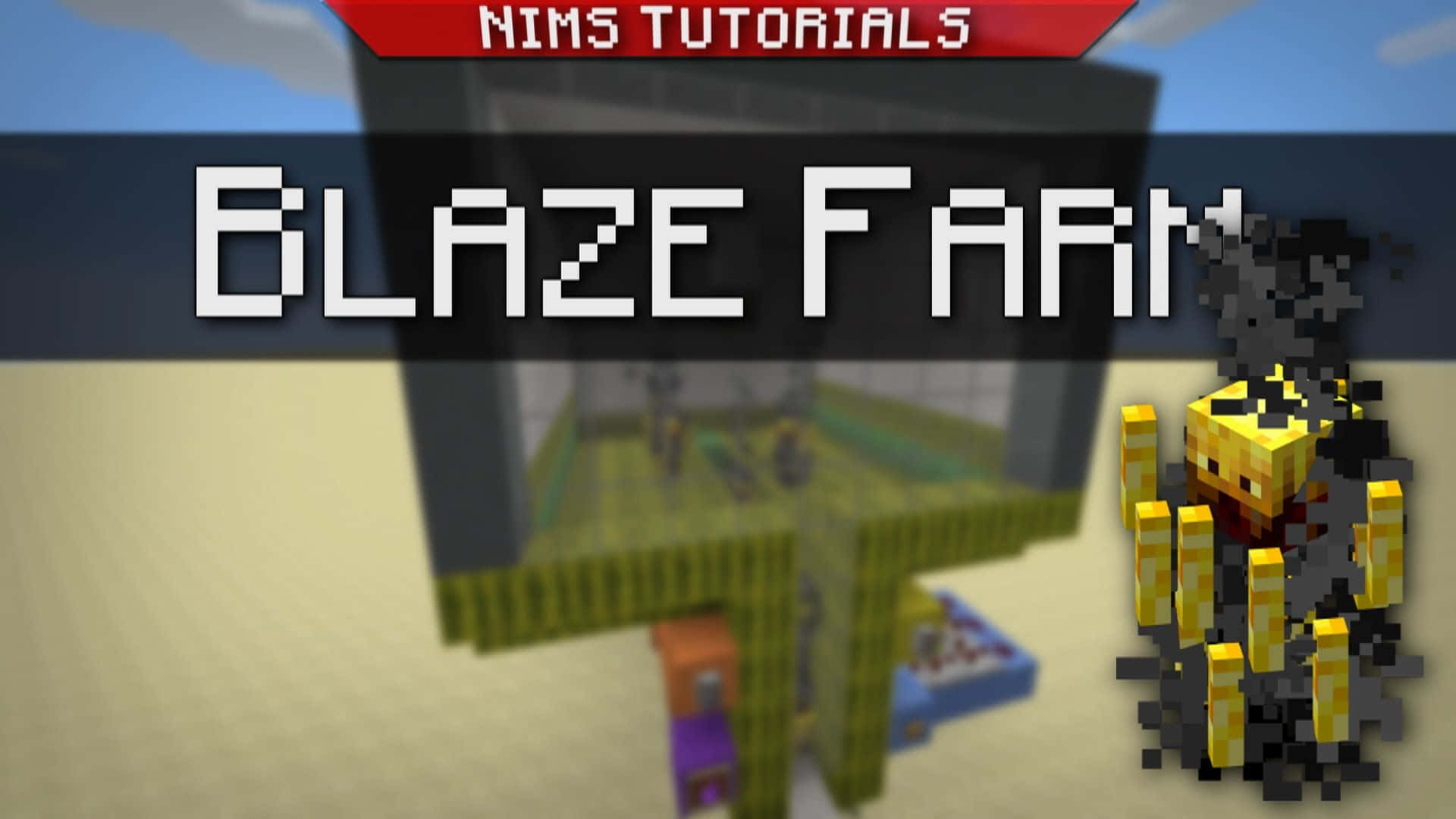 Minecraft Blaze Farming 桌布 壁紙 — 一個像素化的 Minecraft 烈焰使者農場結構，旁邊有一個發光的烈焰使者，背景是藍天。