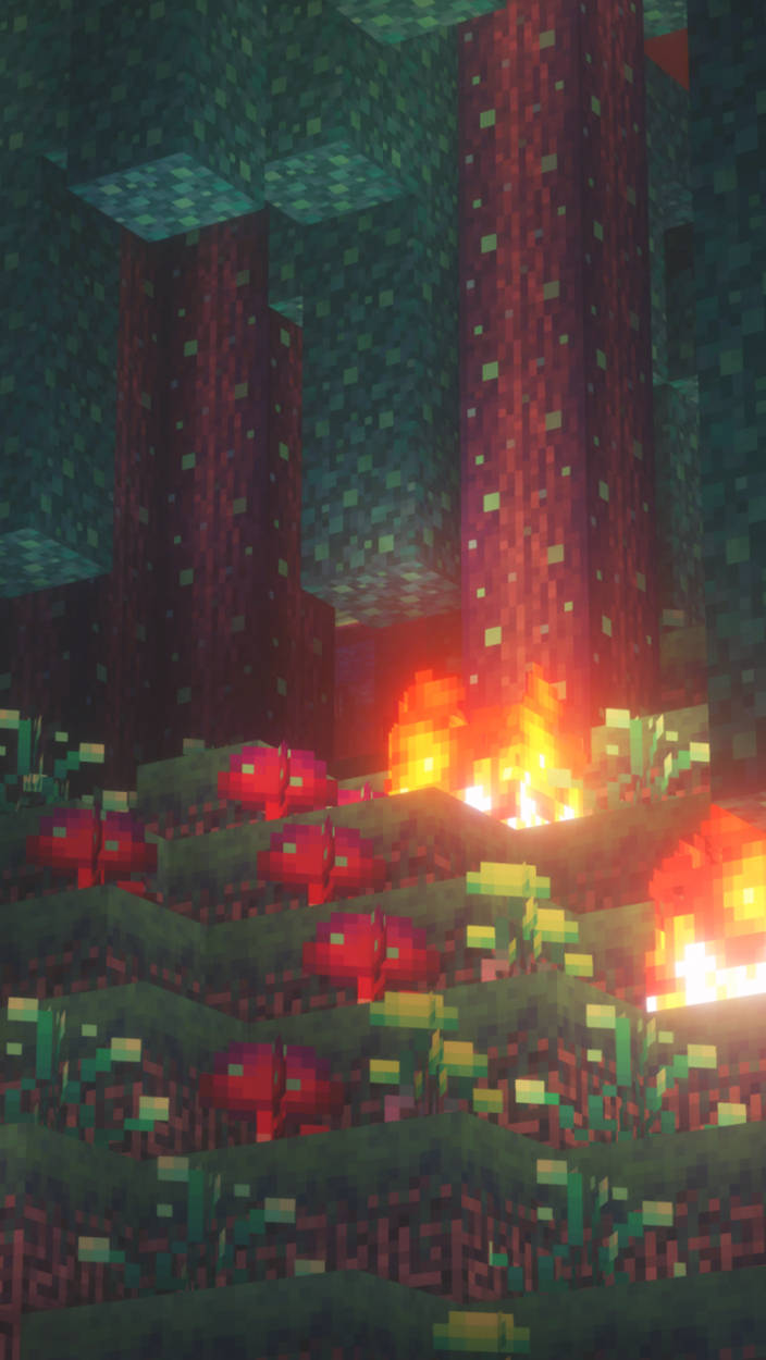 我的世界 高畫質壁紙 桌布 壁紙 — 一個像素化的 Minecraft 地獄景觀，在黑暗的天花板下有發光的紅色地獄岩柱和熾熱的熔岩池。