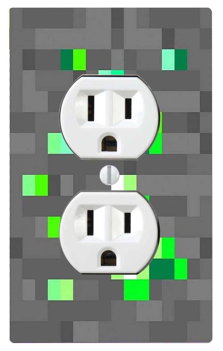 Minecraft Emeralds 桌布 壁紙 — 一個像素化的 Minecraft 苦力怕面孔從灰色牆壁後面兩個白色電源插座之間浮現。