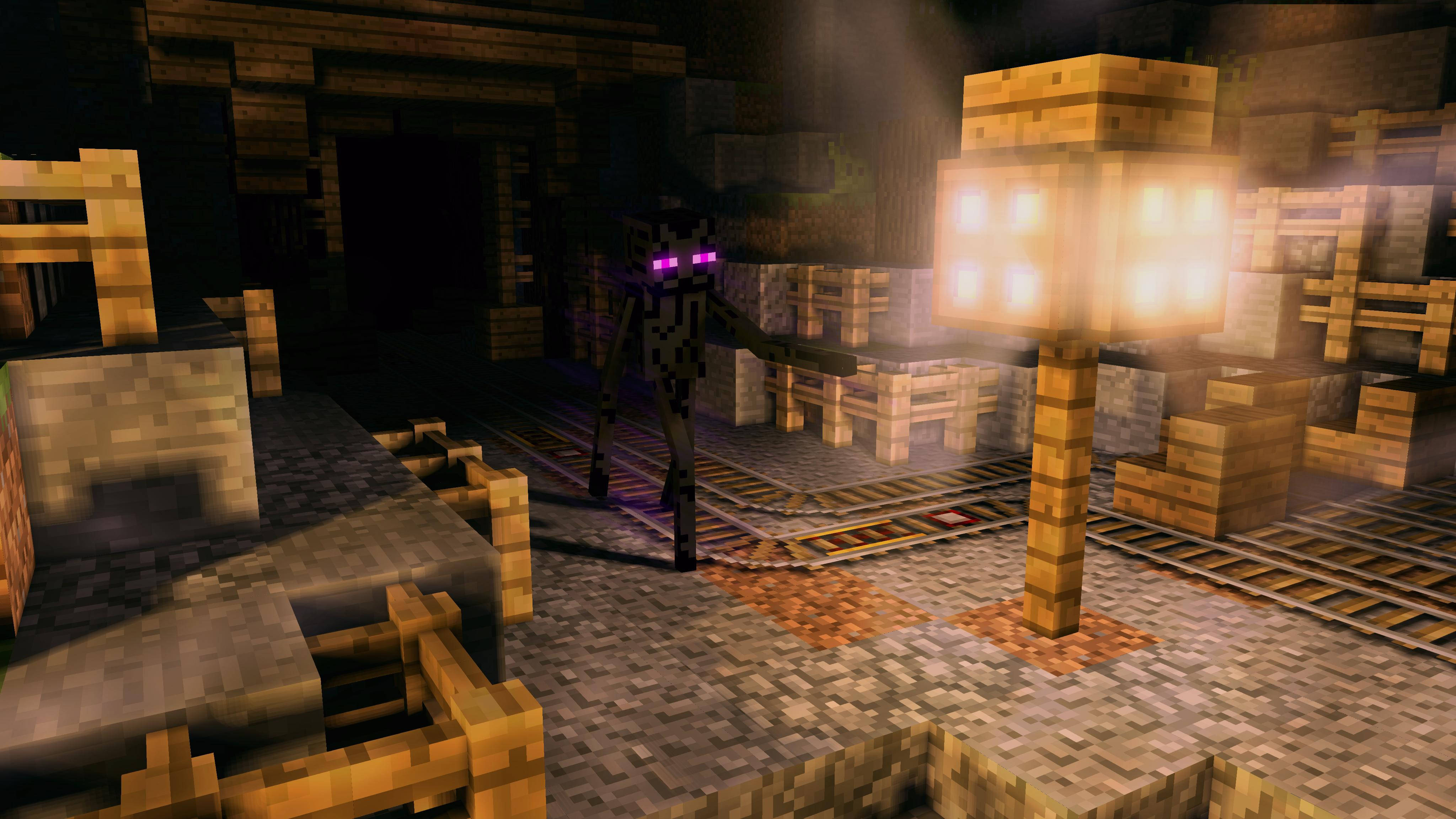 4K Minecraft 壁紙 桌布 壁紙 — 一個像素化的 Minecraft 爬行者在光線昏暗的地下礦井中，與發光的燈籠和石塊一起威脅地站立。