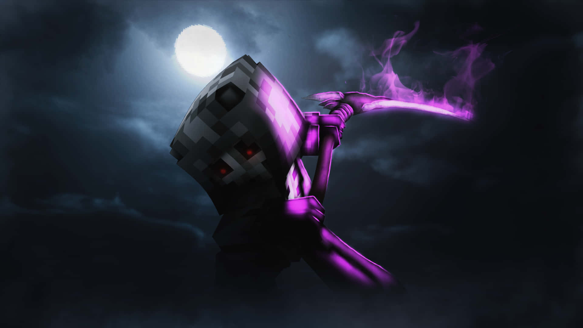 背景 桌布 壁紙 — 一個像素化的 Minecraft 骷髏在黑暗暴風雨的天空下，滿月之中揮舞著一把發光的紫色劍。