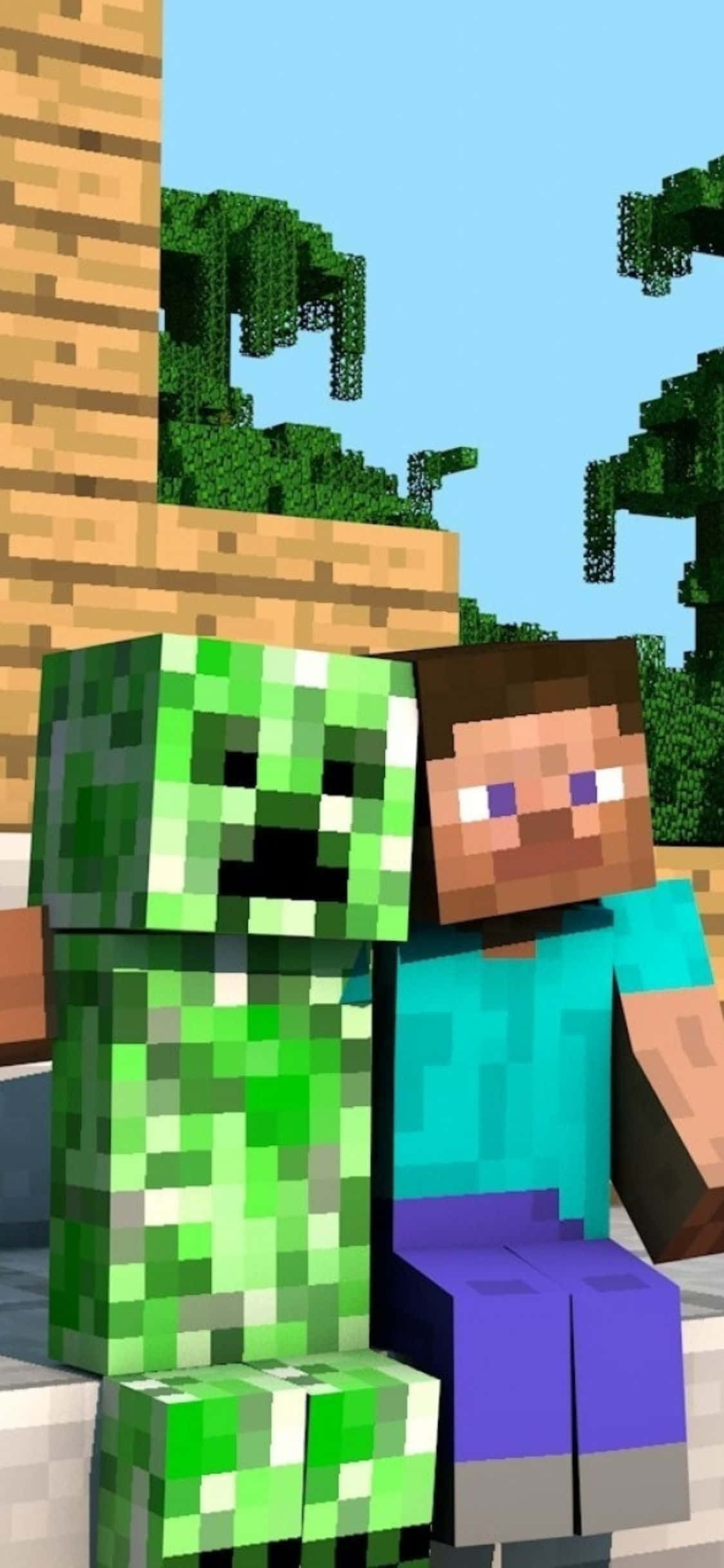 iPhone Xs Minecraft 桌布 壁紙 — 一個像素化的 Minecraft 苦力怕和史提夫並排坐在石磚上，頭上是晴朗的藍天。