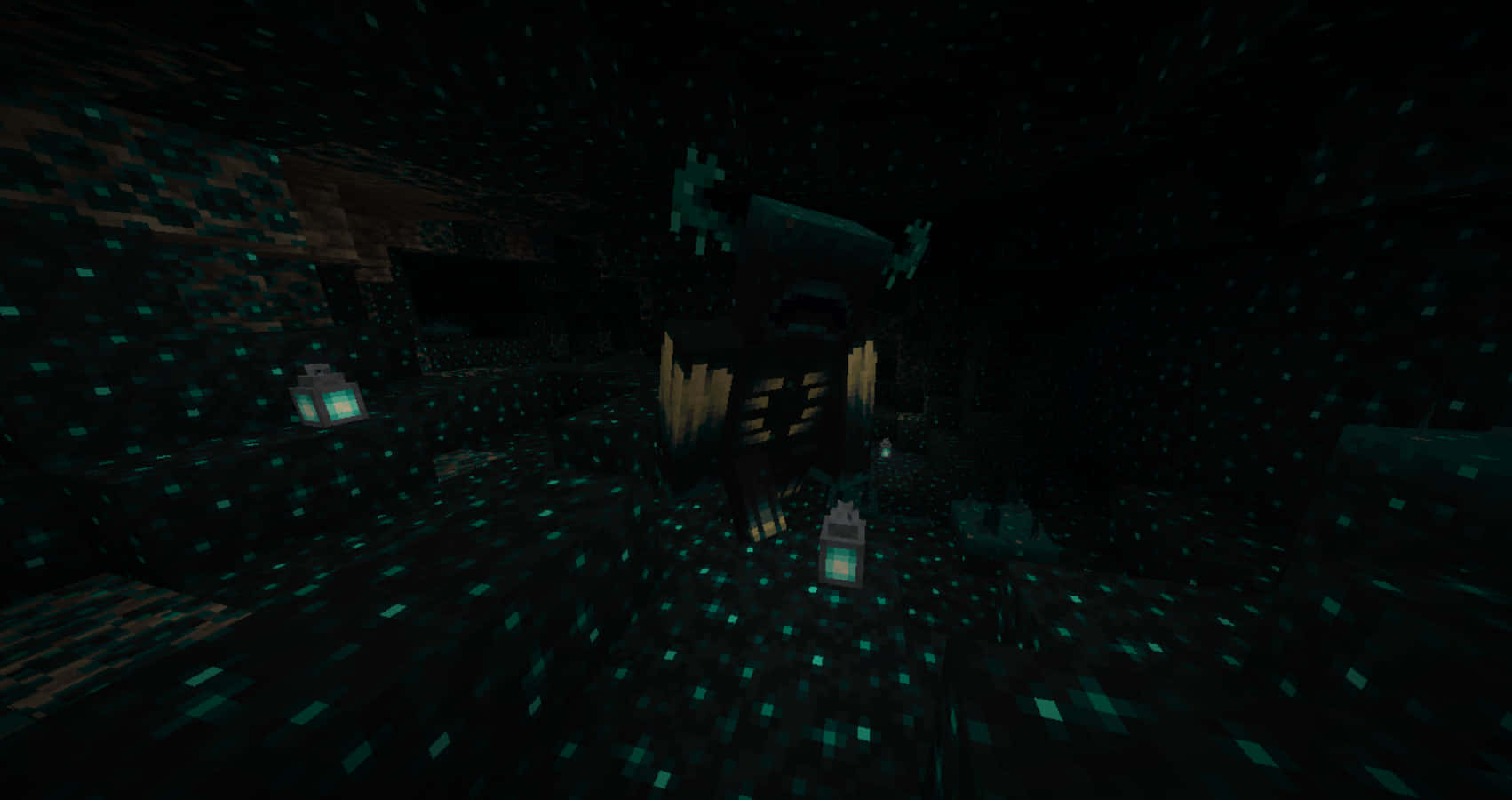 game 桌布 壁紙 — 一個像素化的 Minecraft 終界使者站在一個由發光綠色方塊和燈籠照亮的黑暗洞穴中。