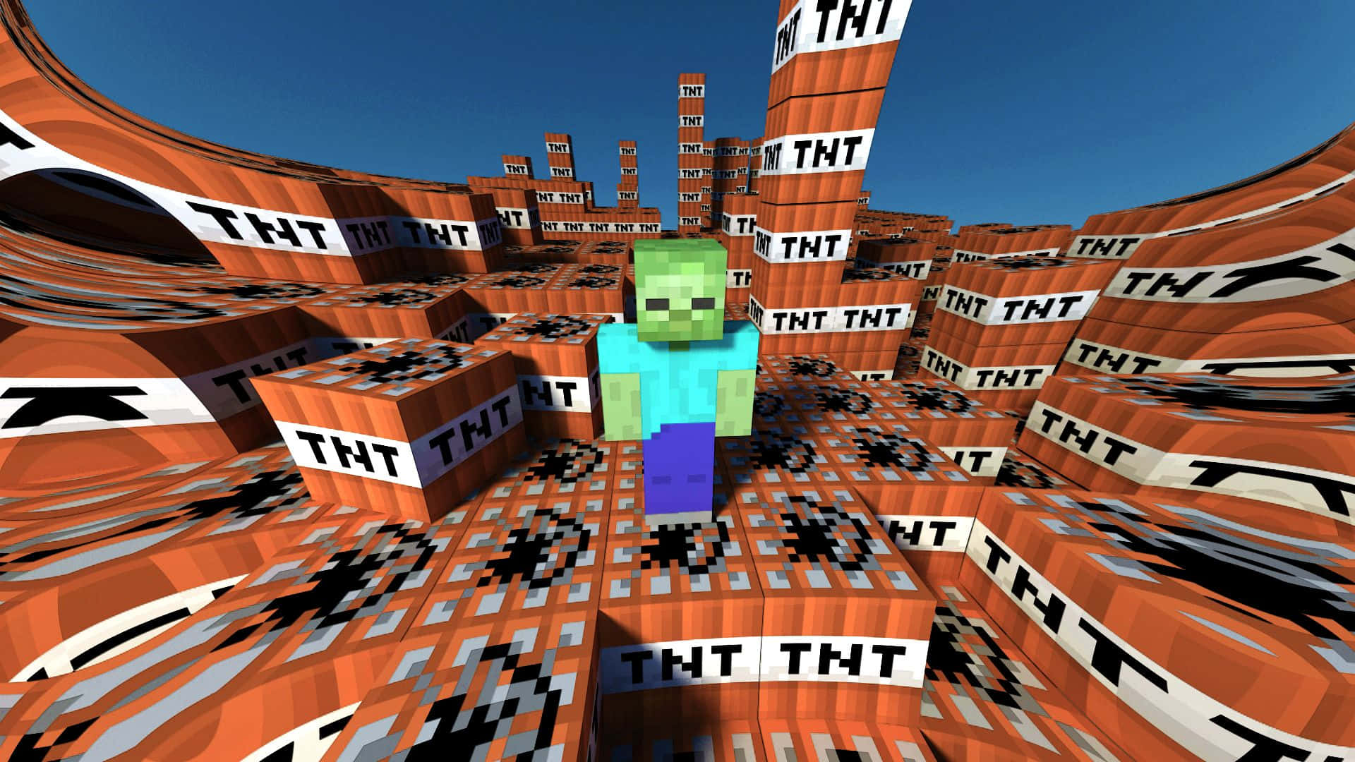 我的世界 TNT 桌布 壁紙 — 一個像素化的 Minecraft 爬行者在晴朗藍天下，站在橙色 TNT 方塊的混亂景觀中。