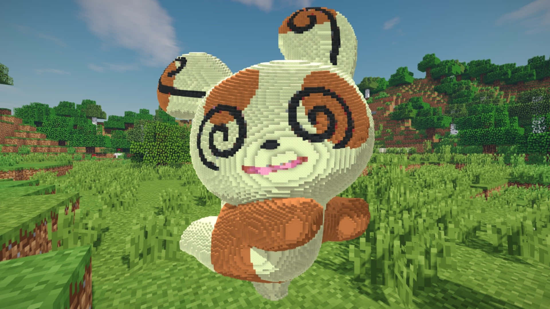 寶可夢 桌布 壁紙 — 一個像素化的 Pancham 在一個方塊草地上，在晴朗的藍天下開心地站著。
