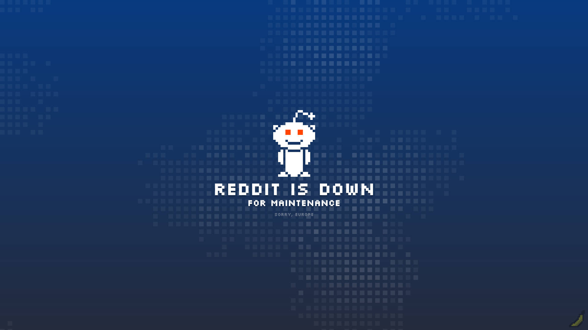 Reddit 桌布 壁紙 — 一個像素化的 Reddit 吉祥物站在藍色漸層背景中央，背景有虛線世界地圖圖案和維護文字。