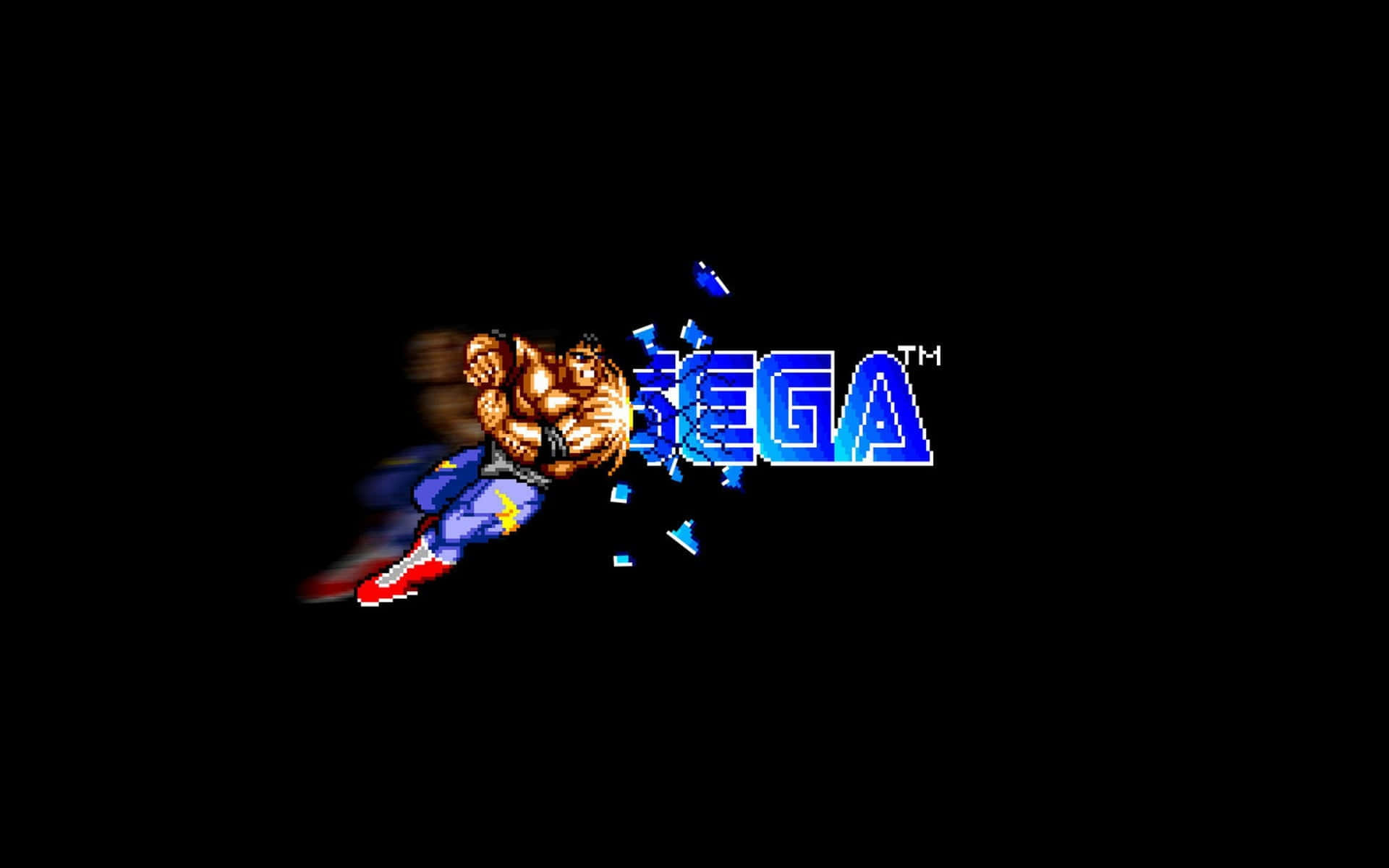 桌布 壁紙 — 一個像素化的 Sega 標誌，有一隻咆哮的金色獅子吉祥物穿過藍色碎片，背景為黑色。