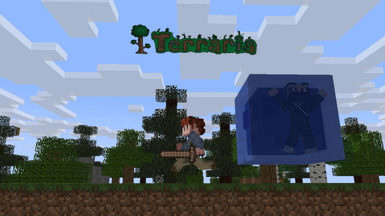 泰拉瑞亞 桌布 壁紙 — 一個像素化的 Terraria 角色在方塊天空下，於一個包含忍者形象的藍色方塊旁邊揮舞著劍。