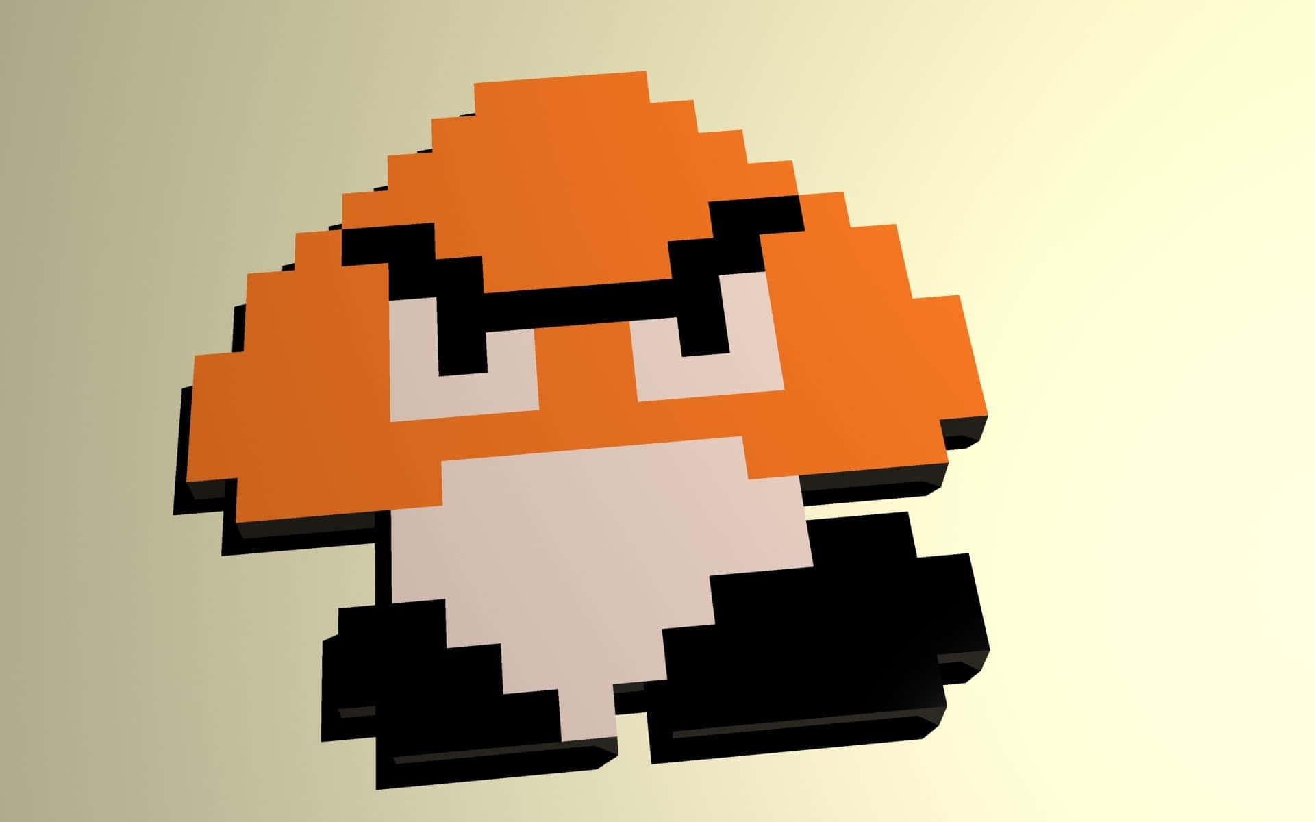 Goomba 桌布 壁紙 — 一個像素化的3D蘑菇角色，戴著橙色帽子和黑色眼鏡，背景是柔和的米色。