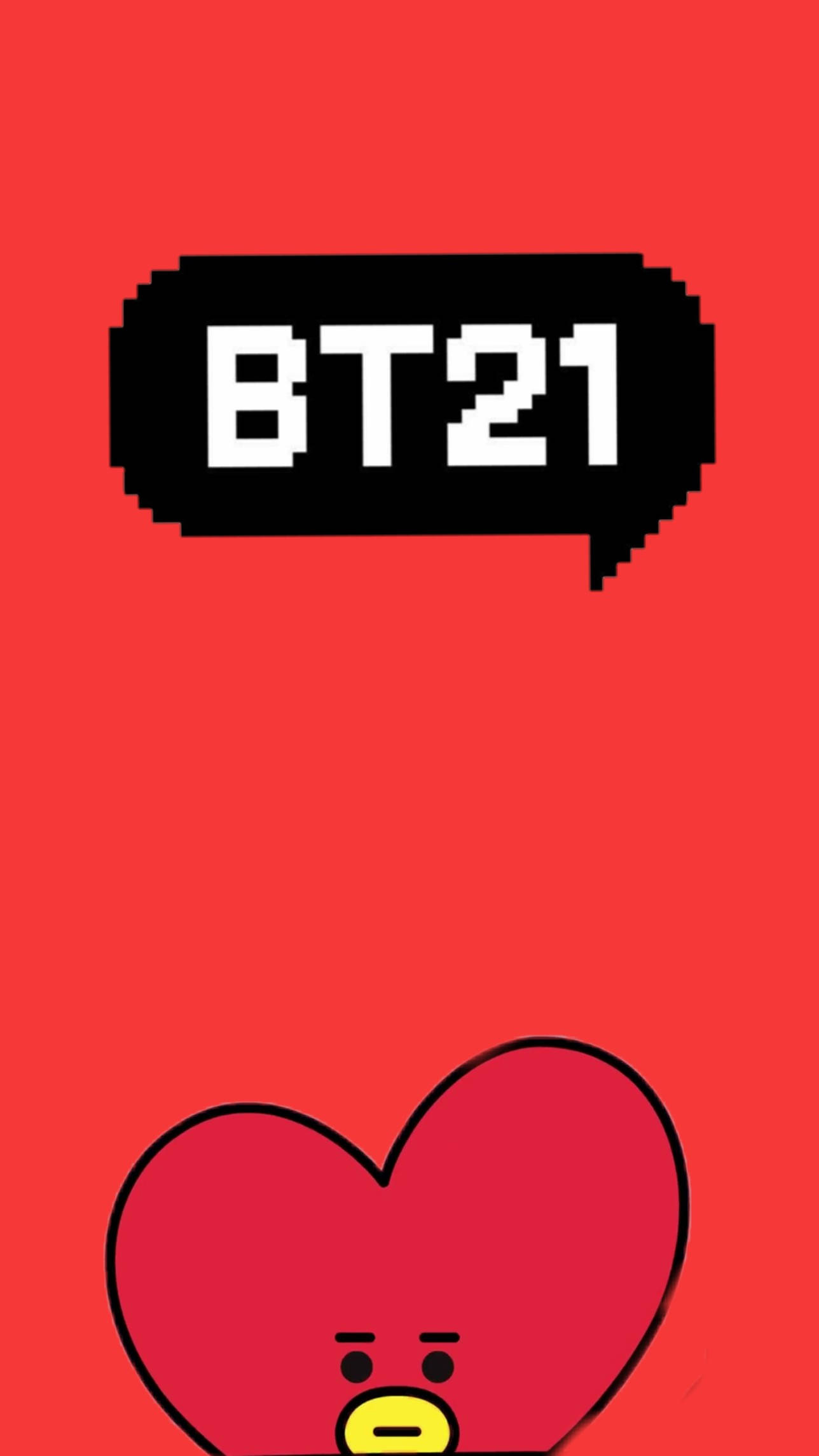 tata bt21 桌布 壁紙 — 一個像素化的BT21角色，擁有紅色心形頭部和黃色喙，出現在一個帶有白色BT21文字的黑色對話氣泡下方，背景為純紅色。