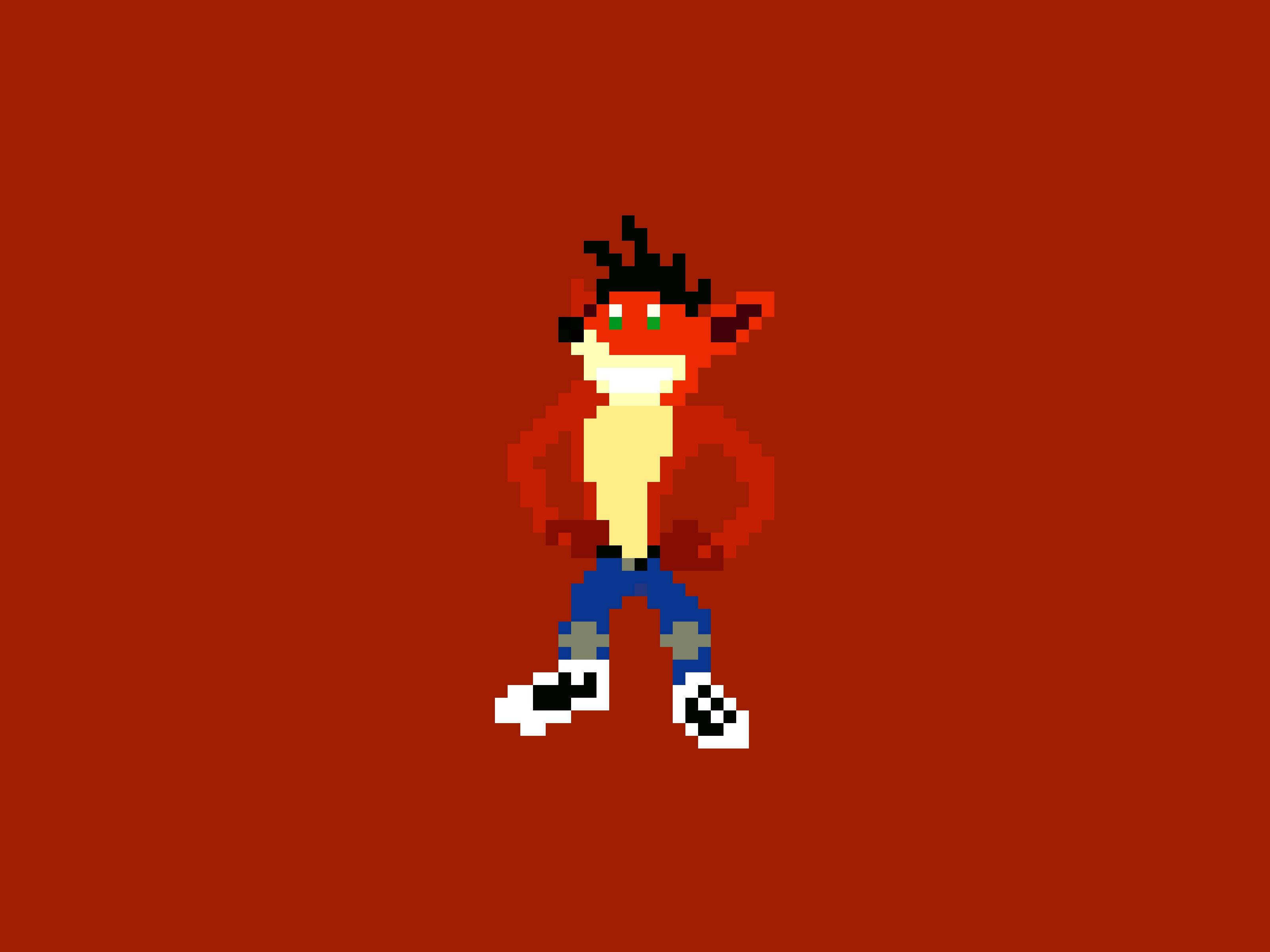 Bandicoot 桌布 壁紙 — 一個像素化的Crash Bandicoot自信地雙手叉腰，站在純紅色背景前。