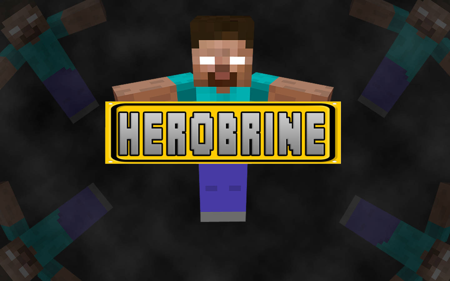 Herobrine 桌布 壁紙 — 一個像素化的Herobrine人物，眼睛發光，站在一個粗體黃色標誌後面，標誌上寫著'HEROBRINE'，背景是黑暗煙霧彌漫。