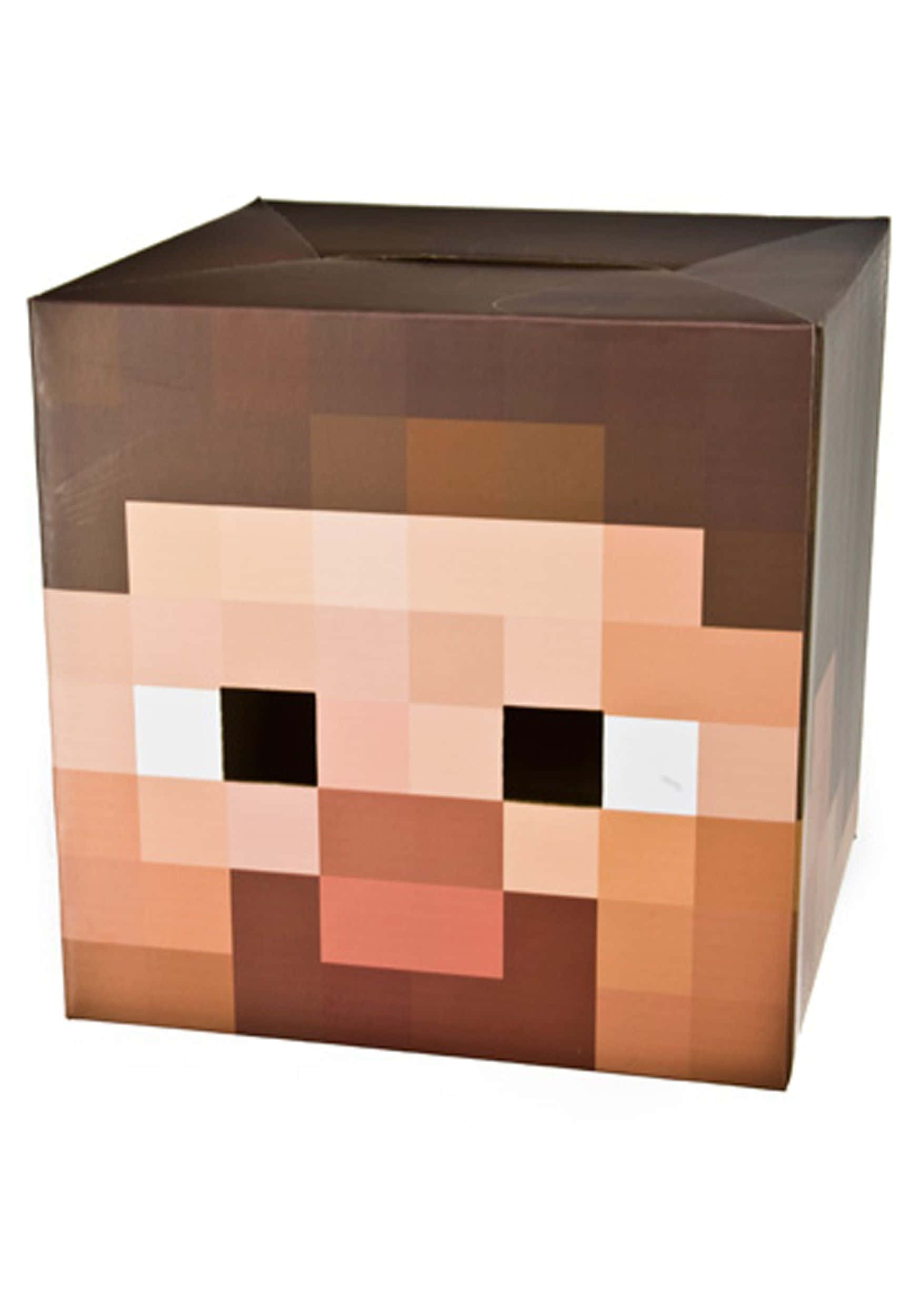 Minecraft Phone 桌布 壁紙 — 一個像素化的Minecraft Steve臉孔印在一個頂部有槽的棕色紙箱上。