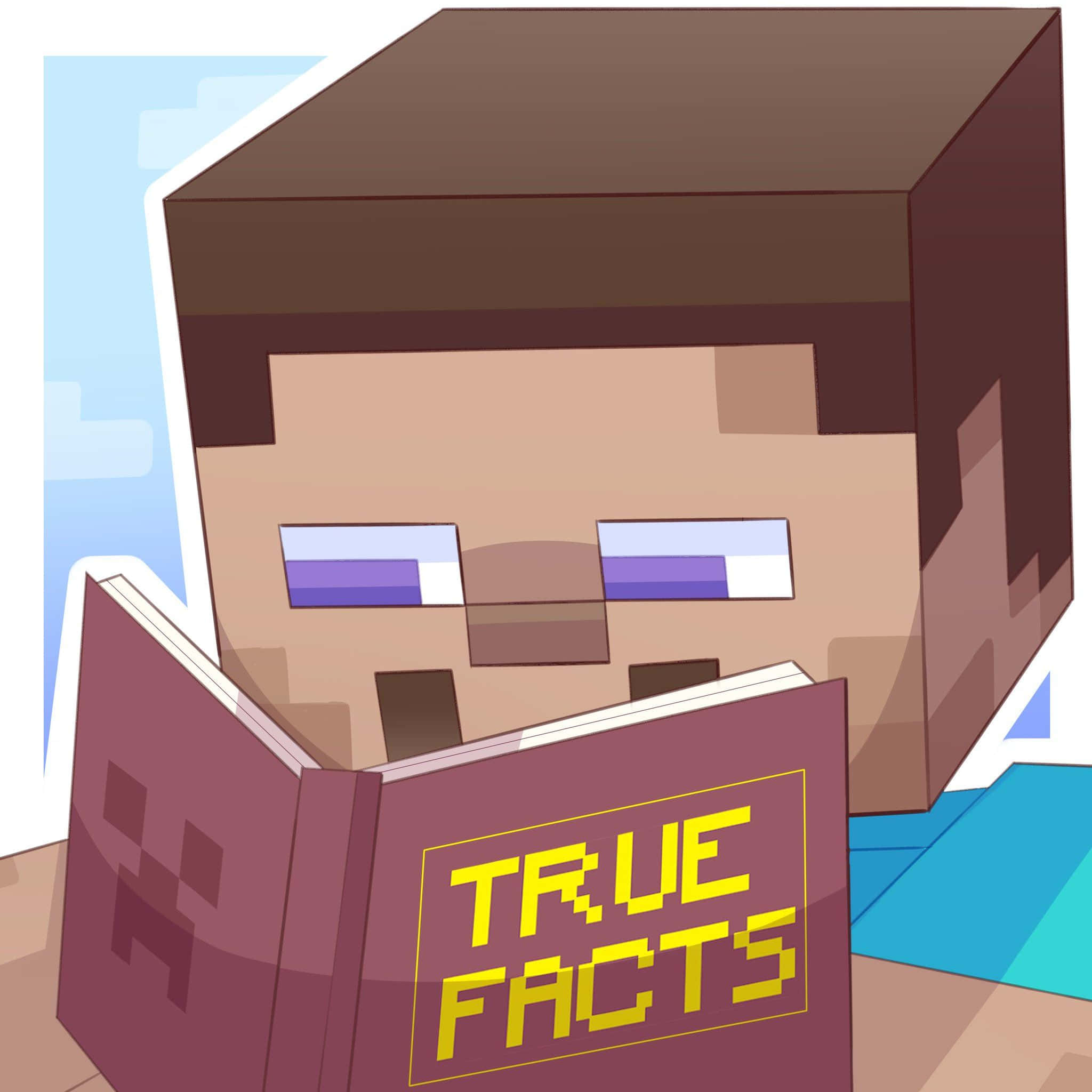我的世界 史蒂夫 桌布 壁紙 — 一個像素化的Minecraft Steve在方塊天空背景下讀著一本名為True Facts的書。