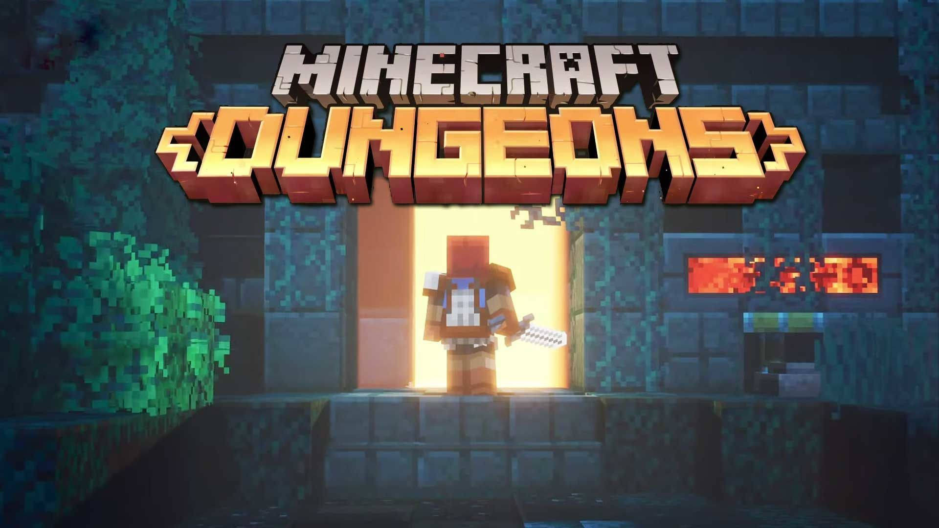 電玩遊戲 桌布 壁紙 — 一個像素化的Minecraft Dungeons英雄站在一個石頭地牢的發光門口，周圍有發光的綠色藤蔓和紅石火炬。
