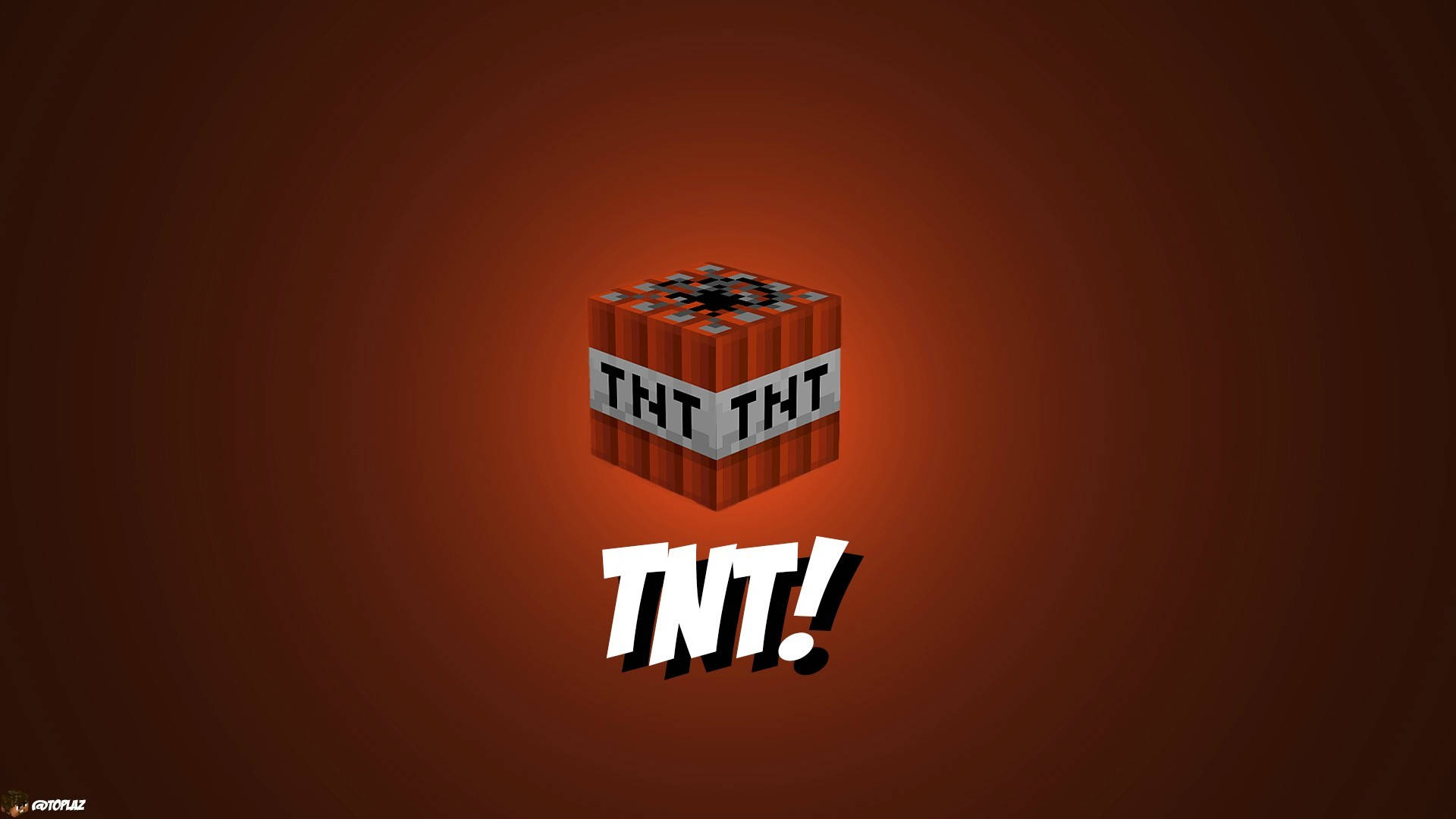 Minecraft TNT方塊帶有粗體文字，在發光的紅色背景上。
