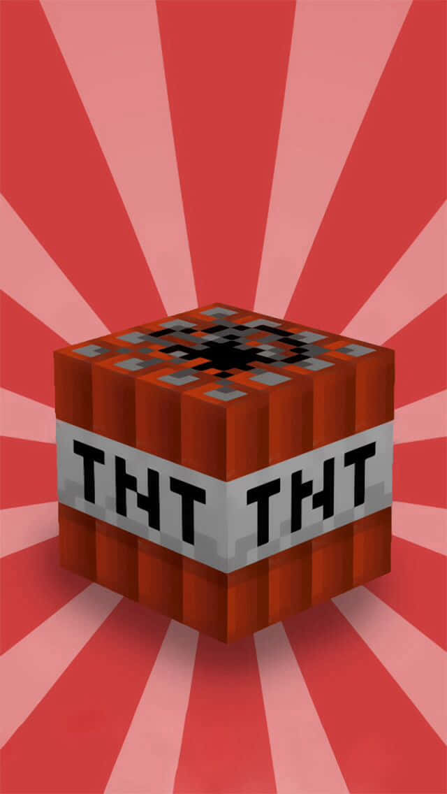 我的世界 TNT 桌布 壁紙 — 一個像素化的Minecraft TNT方塊，居中於紅色和粉紅色的放射狀背景上。