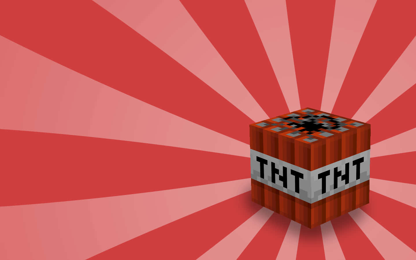 我的世界 TNT 桌布 壁紙 — 一個像素化的Minecraft TNT方塊，居中放置在充滿活力的紅色徑向爆發背景上。