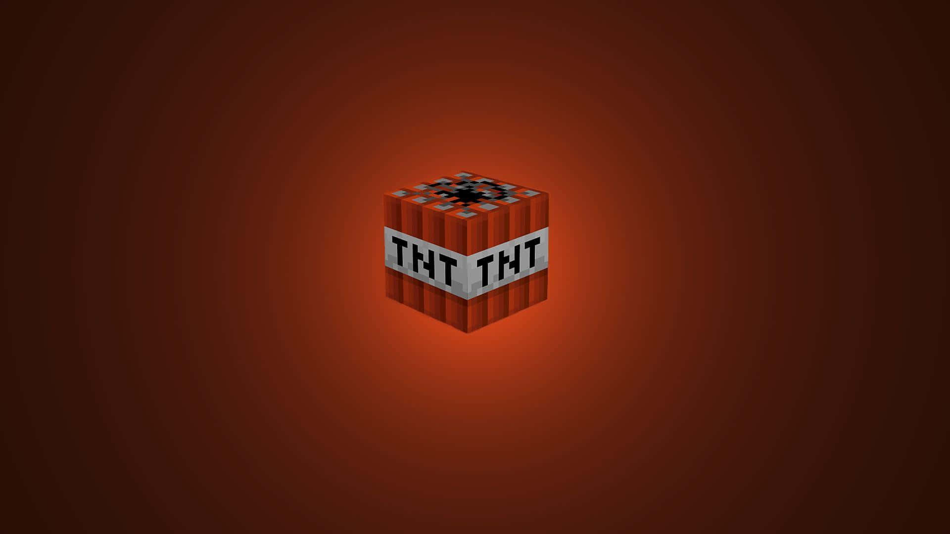 我的世界 TNT 桌布 壁紙 — 一個像素化的Minecraft TNT方塊在帶有同心圓的紅色漸變背景上發光。