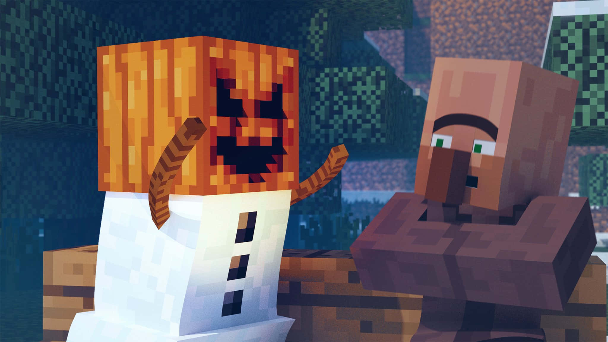 Minecraft Snow Golem 桌布 壁紙 — 一個像素化的Minecraft南瓜頭和一個棕色方塊角色並排站在森林生物群落中。