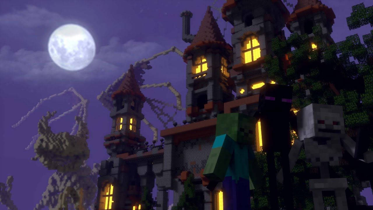 萬聖節動圖 桌布 壁紙 — 一個像素化的Minecraft城堡在滿月下溫暖地發光，附近有殭屍和骷髏潛伏。