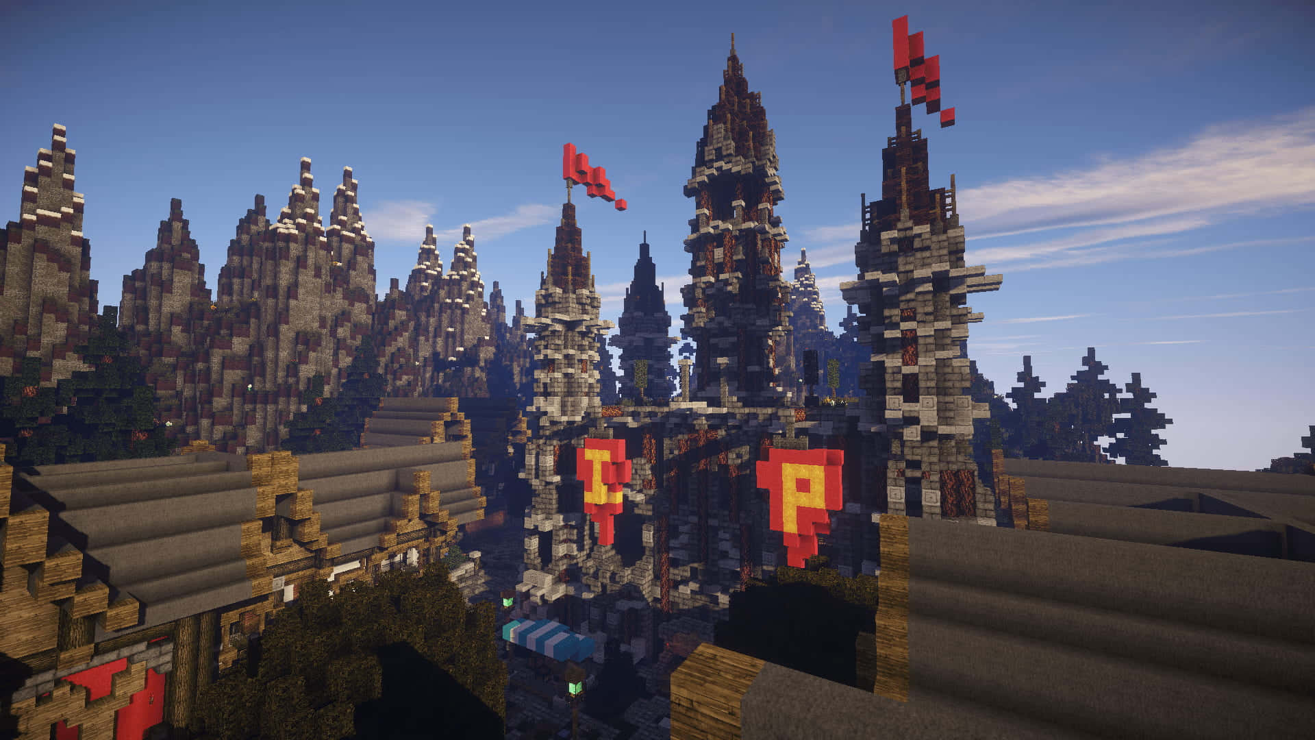 Minecraft Map 桌布 壁紙 — 一個像素化的Minecraft城堡，帶有紅色旗幟和橫幅，矗立在鋸齒狀的石峰上，背景是晴朗的藍天。