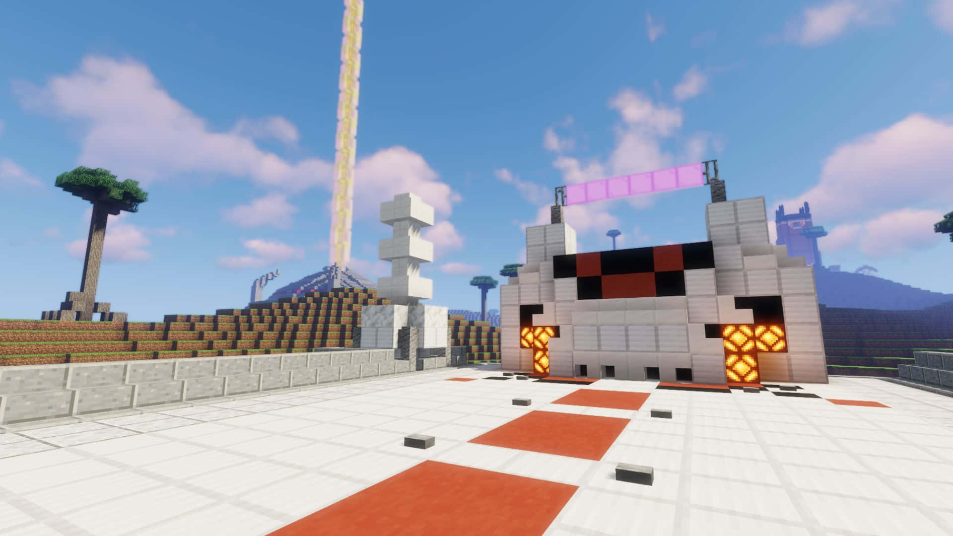 Sonic Planet Wisp 桌布 壁紙 — 一個像素化的Minecraft基地，有發光的火炬和一個高大的信標，在明亮的藍天和蓬鬆的雲朵下。