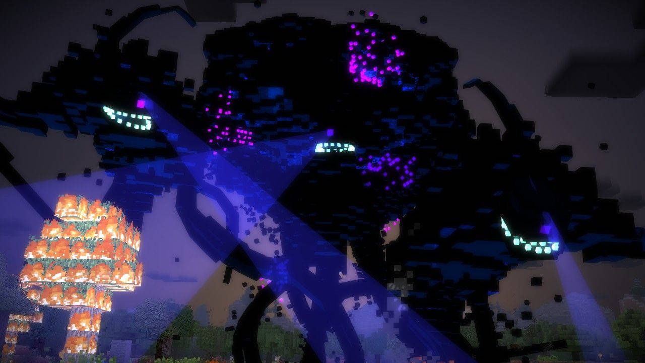Wither 桌布 壁紙 — 一個像素化的Minecraft場景，在黑暗的天空下有發光的紫色和橙色結構。