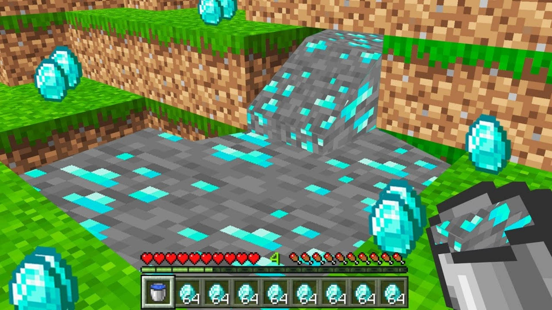 我的世界 鑽石 桌布 壁紙 — 一個像素化的Minecraft場景，顯示鑽石礦脈流入一個被草和泥土方塊包圍的開採坑中。